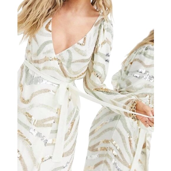 ASOS White, Gold, Silver Long Sleeve Sequin Zebra Print Wrap Midi Dress Size 6 - Picture 15 of 16